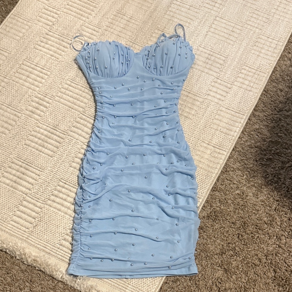 Windsor Light Blue Beaded Ruched Mini Dress